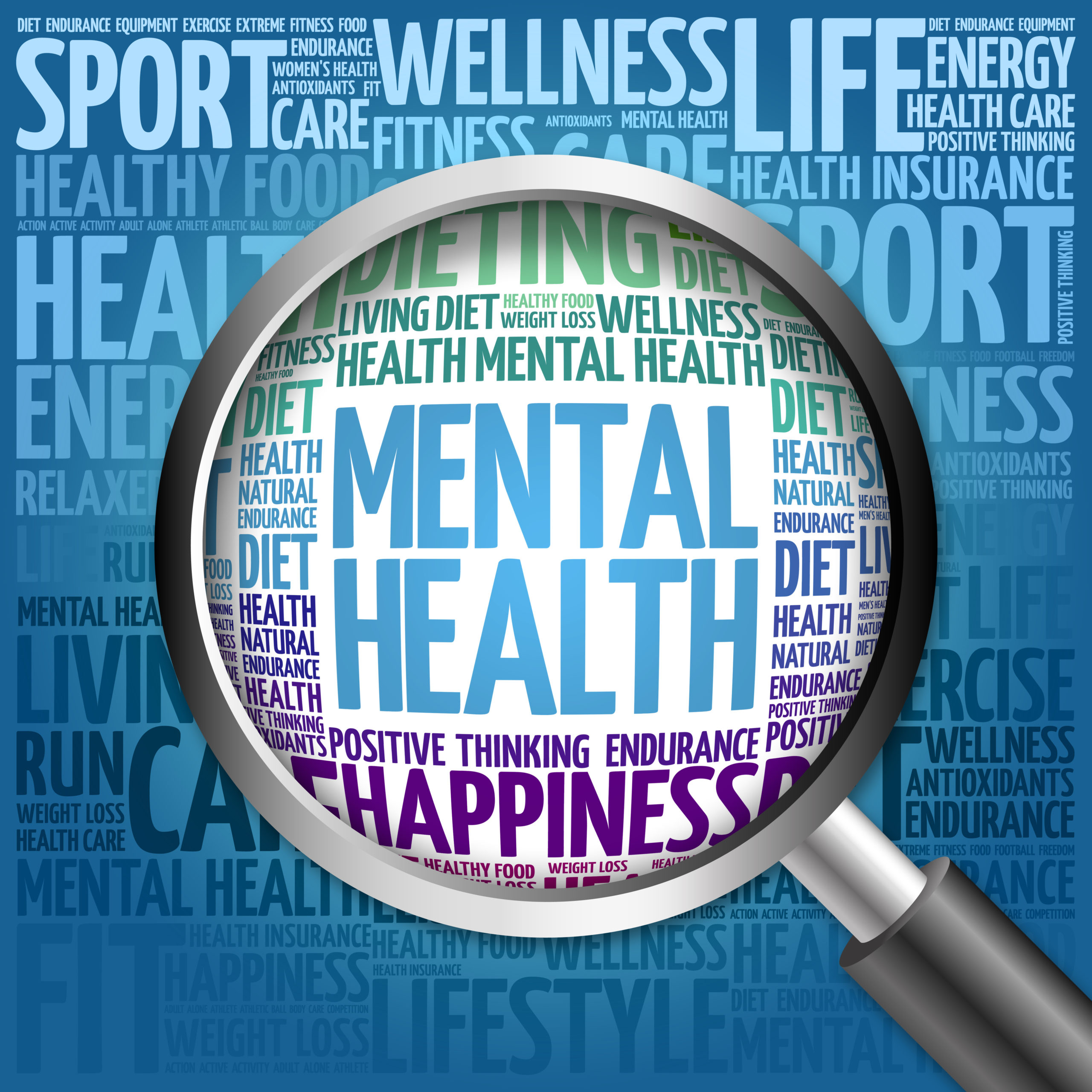 Mental health word cloud with magnifying glass, health concept