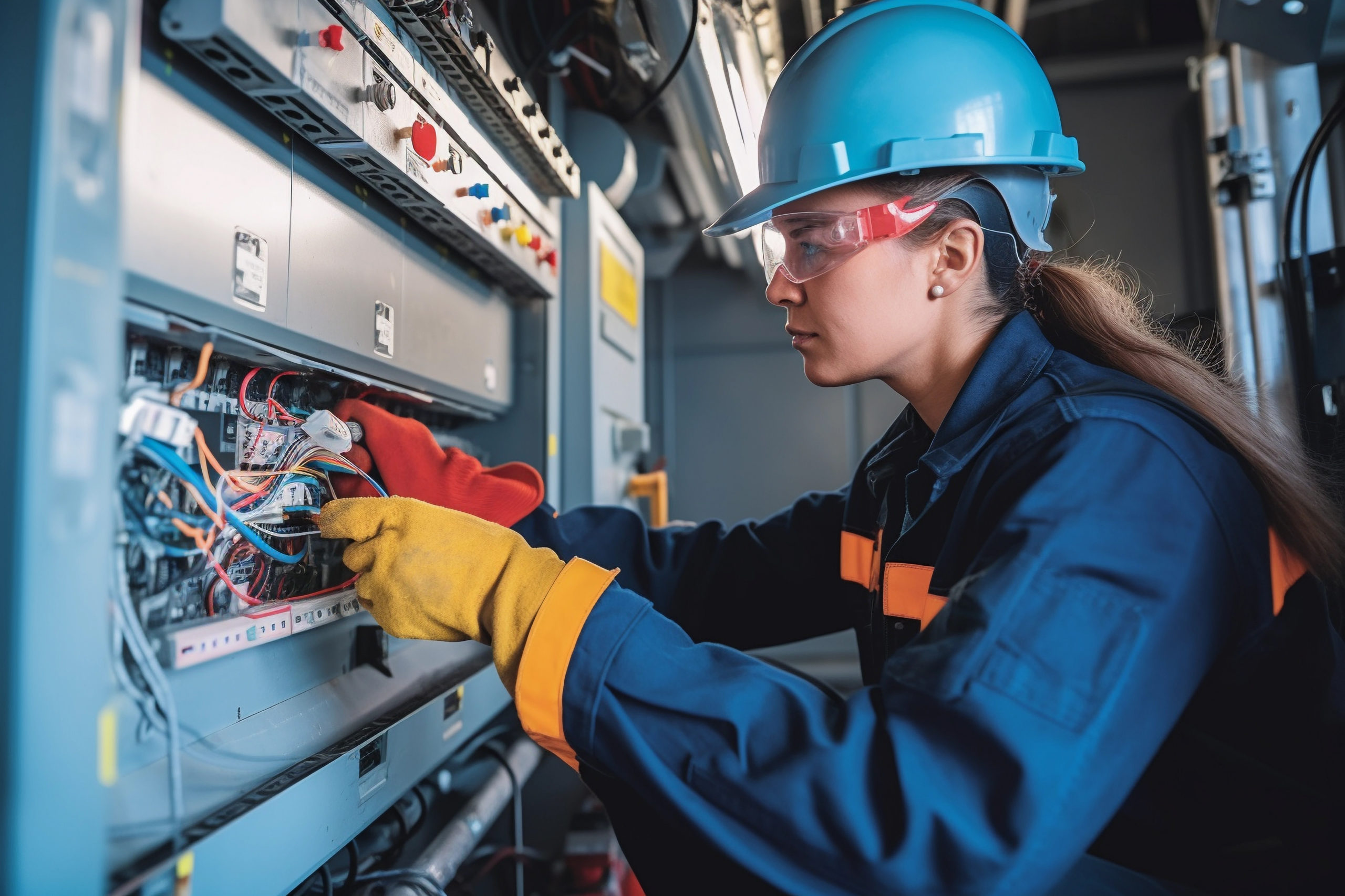 Commercial electrician working on a fuse box, adorned with safety equipment,