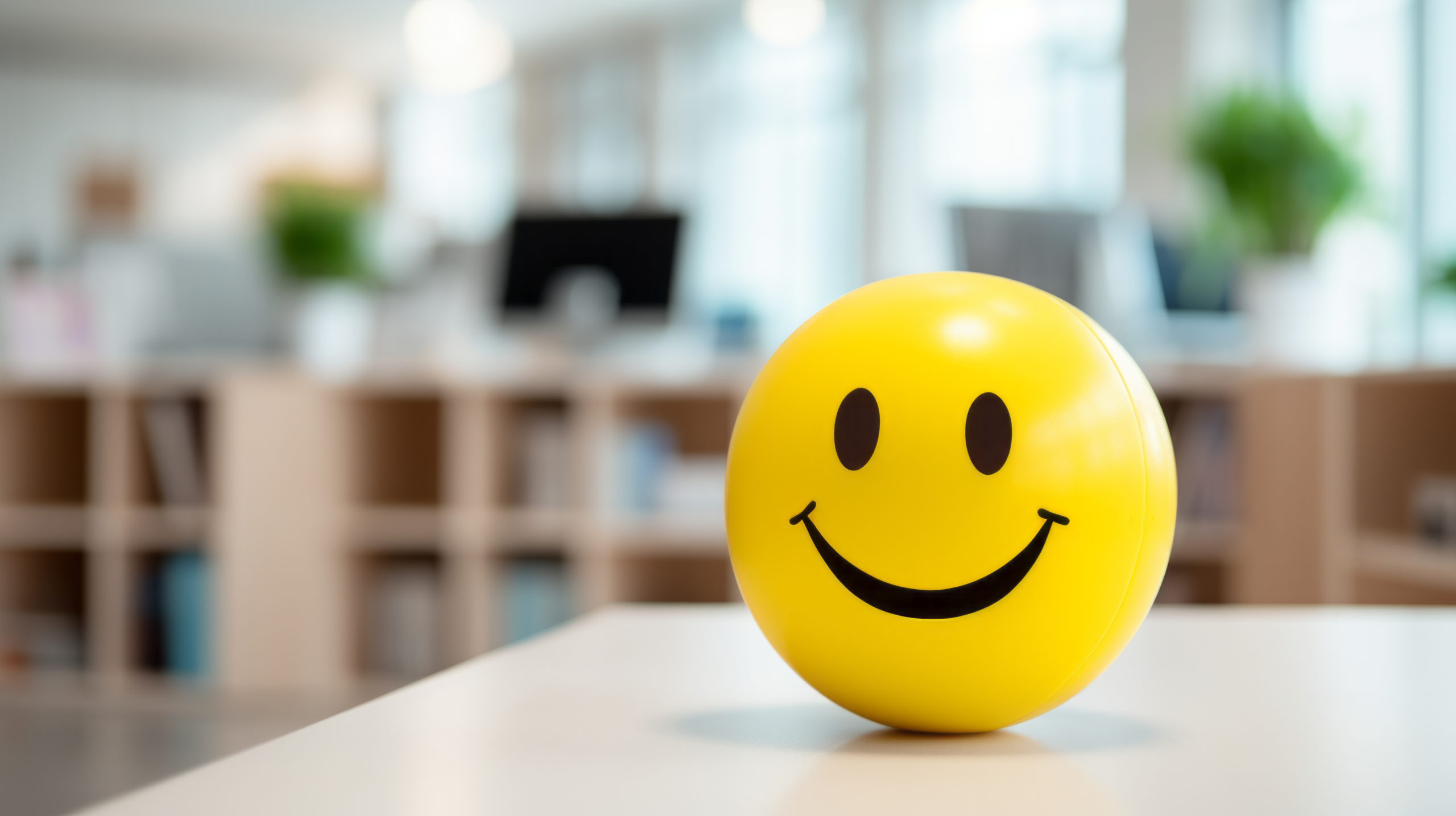 Positivity in the workplace with a yellow smiling smiley ball in the office interior, promoting a positive work environment